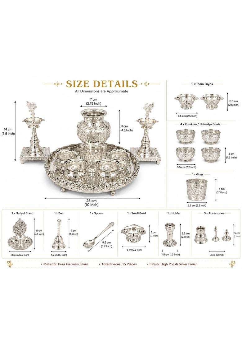 Sgr Handicrafts German Silver Pooja Thali Set 15 Pieces - Indya