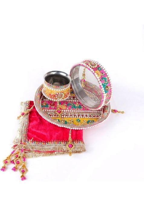 Satvik Pink 11 Pcs Karwa Chauth Thali Set Embroidery Puja Kit with Channi Lota Diya Mehndi Bindi Roli Chawal