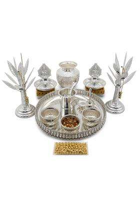 SGR German Silver Pooja Thali Set with Kalash and Banana Trees 17 Pcs