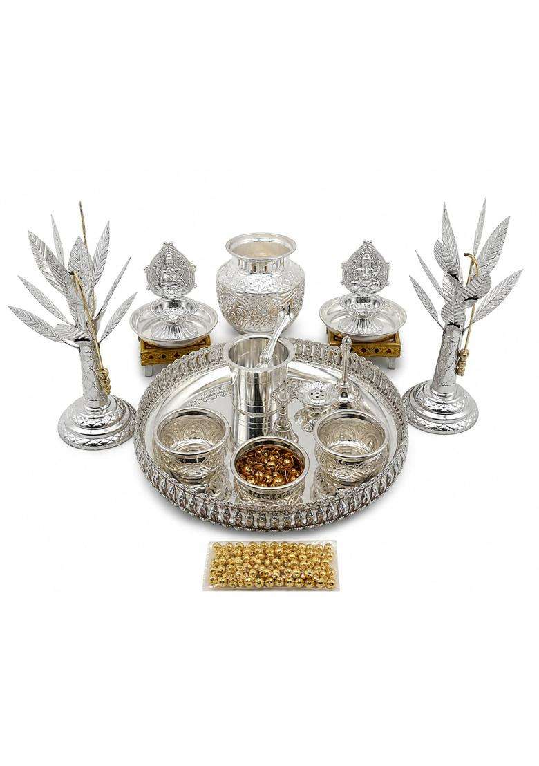 SGR German Silver Pooja Thali Set with Kalash and Banana Trees 17 Pcs - Indya