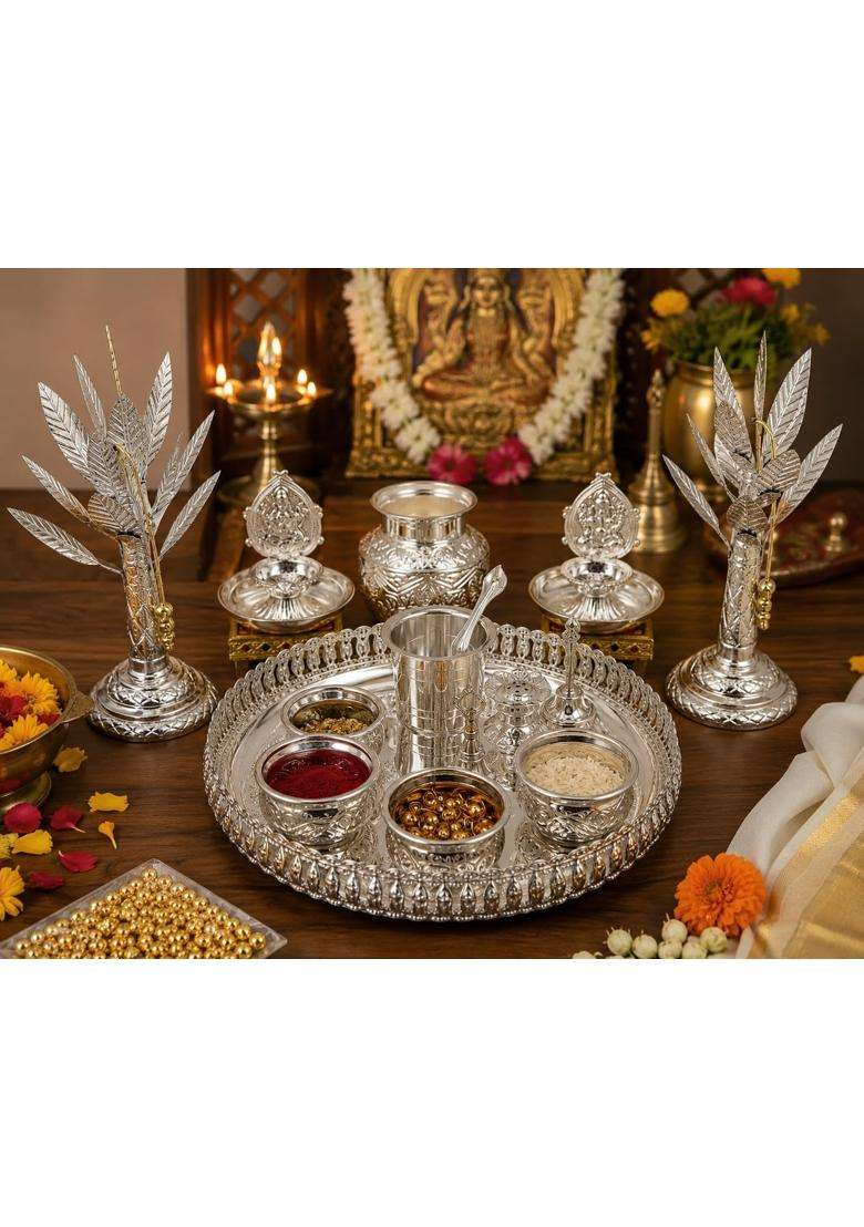 SGR German Silver Pooja Thali Set with Kalash and Banana Trees 17 Pcs - Indya