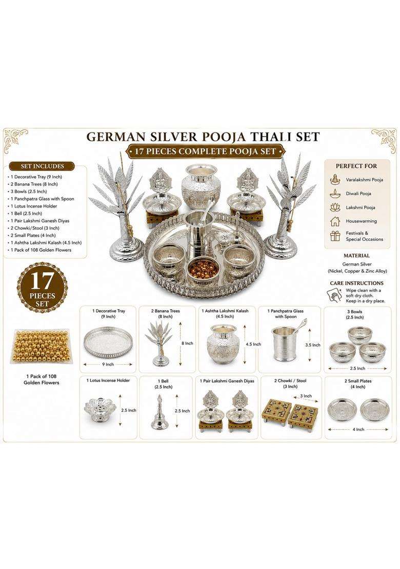 SGR German Silver Pooja Thali Set with Kalash and Banana Trees 17 Pcs - Indya
