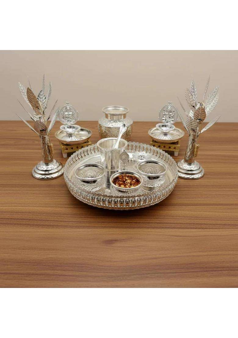 SGR German Silver Pooja Thali Set with Kalash and Banana Trees 17 Pcs - Indya