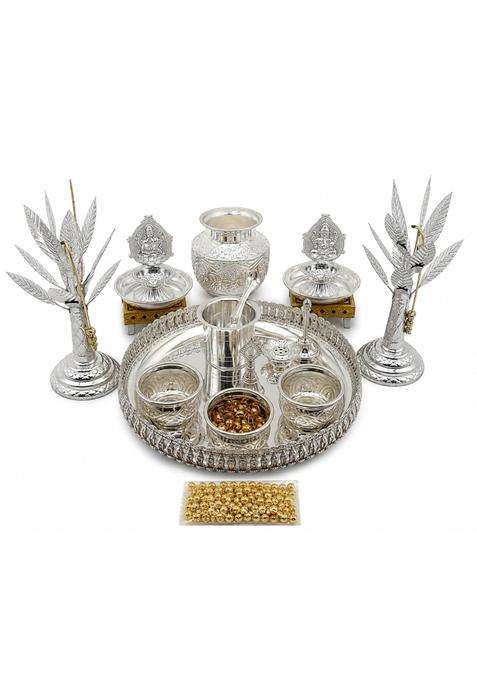 SGR German Silver Pooja Thali Set with Kalash and Banana Trees 17 Pcs