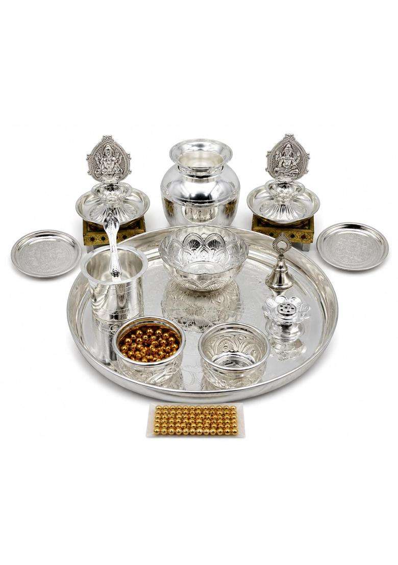 Sgr Handicrafts German Silver Pooja Thali Set 15 Pieces Varalakshmi Diwali and Traditional Prayer Set - Indya
