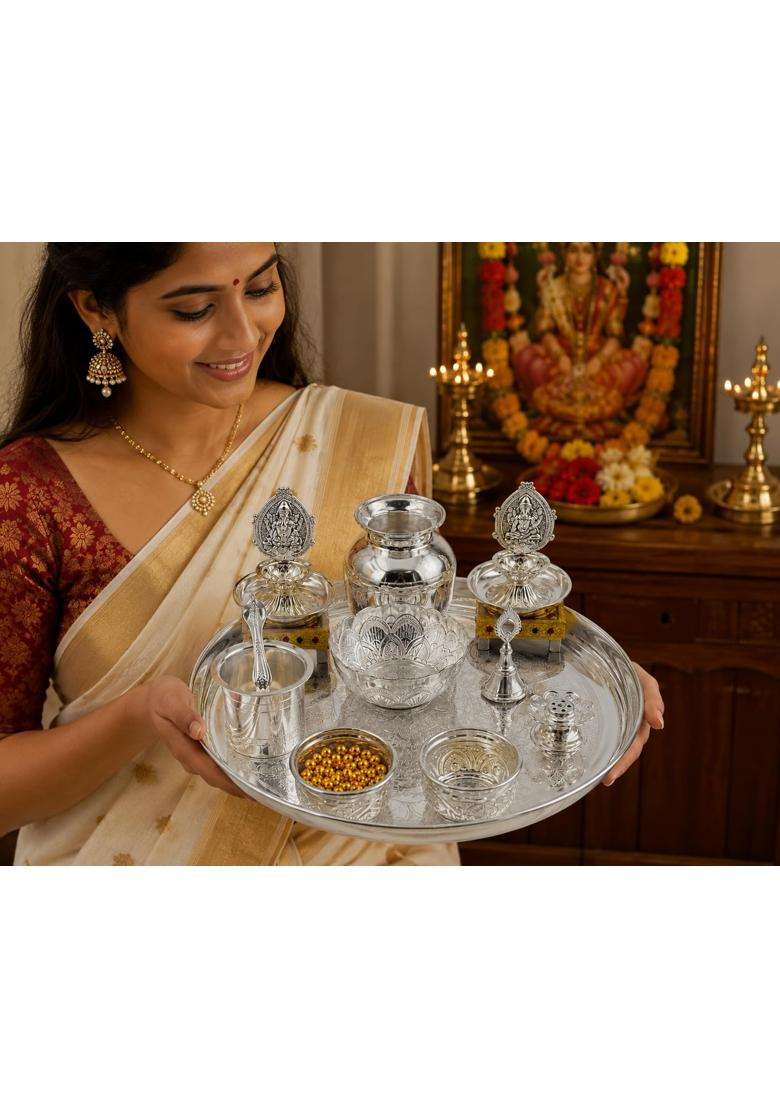 Sgr Handicrafts German Silver Pooja Thali Set 15 Pieces Varalakshmi Diwali and Traditional Prayer Set - Indya