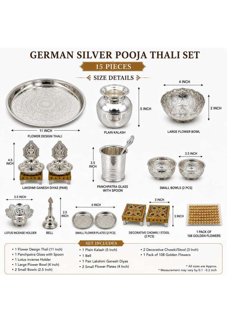 Sgr Handicrafts German Silver Pooja Thali Set 15 Pieces Varalakshmi Diwali and Traditional Prayer Set - Indya