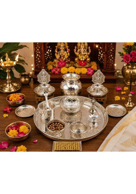 Sgr Handicrafts German Silver Pooja Thali Set 15 Pieces Varalakshmi Diwali and Traditional Prayer Set