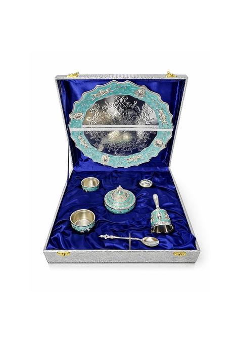 Piepot German Silver Pooja Thali Round Pooja Thali for Temple Set of 7