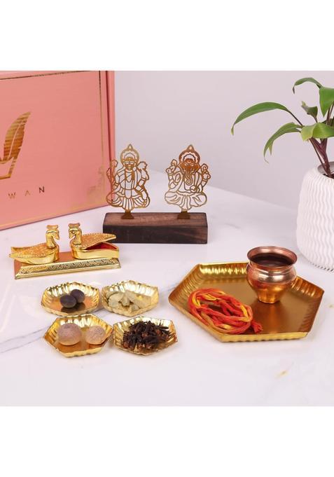 Vidwan Laxmi Ganesh Idol Pooja Samagri Set Peacock Roli Chawal with Metal Thali Small Set of 4