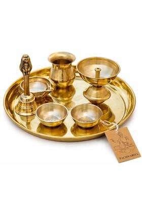 Pachwariya Handcrafted Brass Pooja Thali Set with Kuber Deepak Akhand Diya Garuda Ghanti