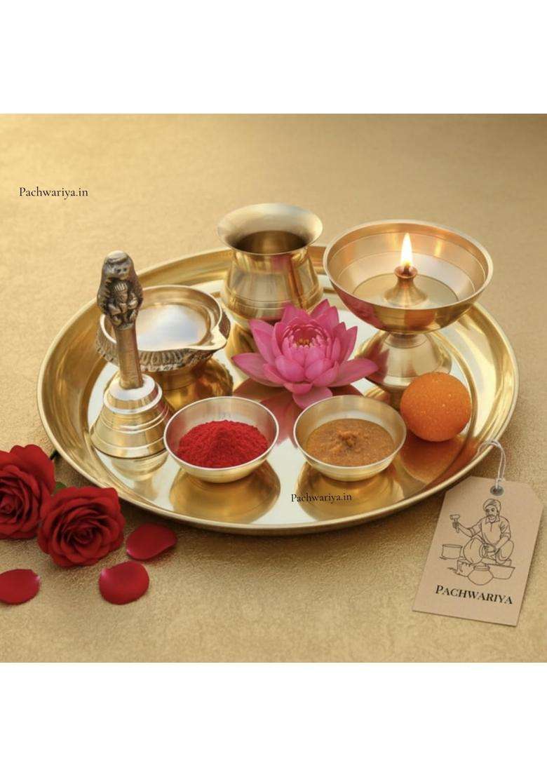 Pachwariya Handcrafted Brass Pooja Thali Set with Kuber Deepak Akhand Diya Garuda Ghanti - Indya