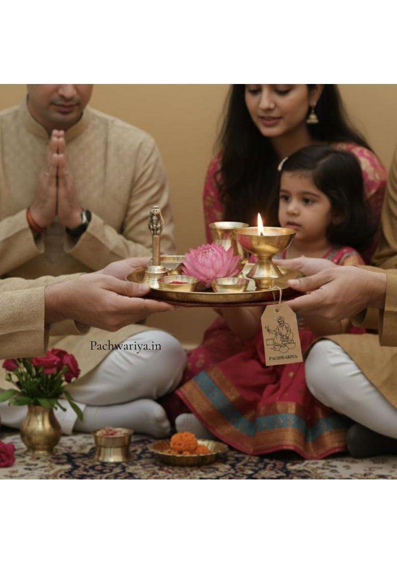 Pachwariya Handcrafted Brass Pooja Thali Set with Kuber Deepak Akhand Diya Garuda Ghanti - Indya