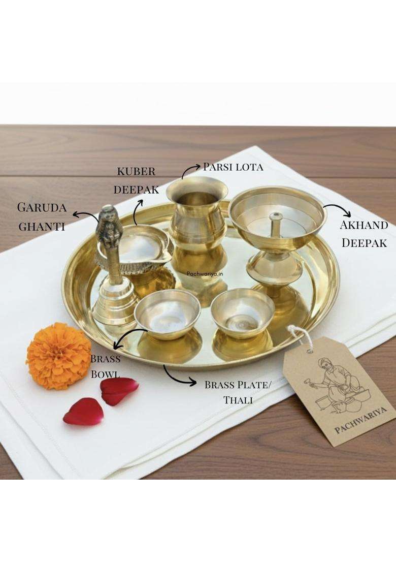 Pachwariya Handcrafted Brass Pooja Thali Set with Kuber Deepak Akhand Diya Garuda Ghanti - Indya