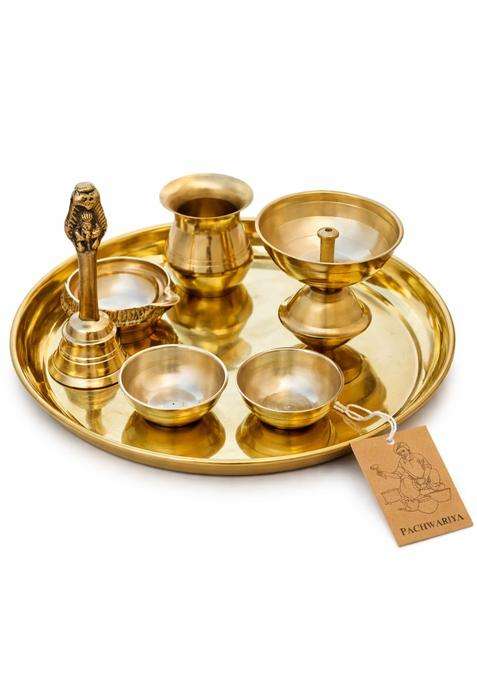 Pachwariya Handcrafted Brass Pooja Thali Set with Kuber Deepak Akhand Diya Garuda Ghanti