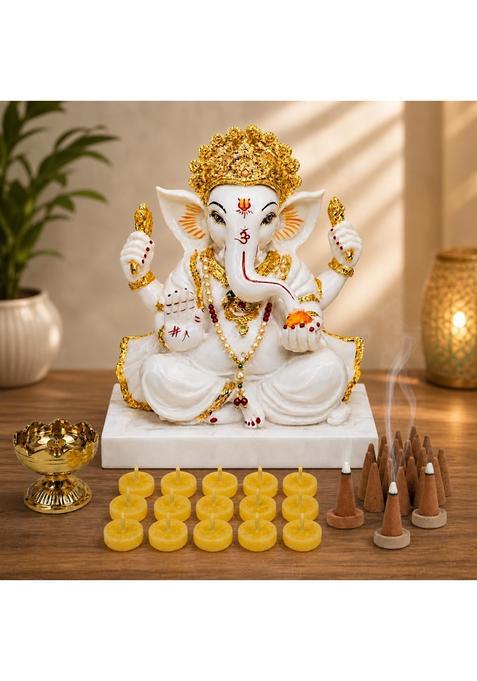 Multicoloured Marble Dust Ganesha Idol with Brass Diya and Ganesh Moti Mala Chandan Dhoop Batti Pack of 1