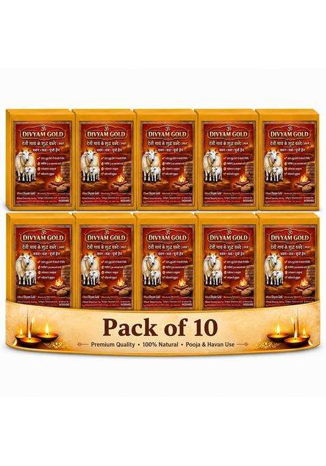 Divyam Gold Cow Dung Cakes Natural Dried Cow Dung Upla for Havan Pooja Yagya and Traditional Rituals Pack of 10