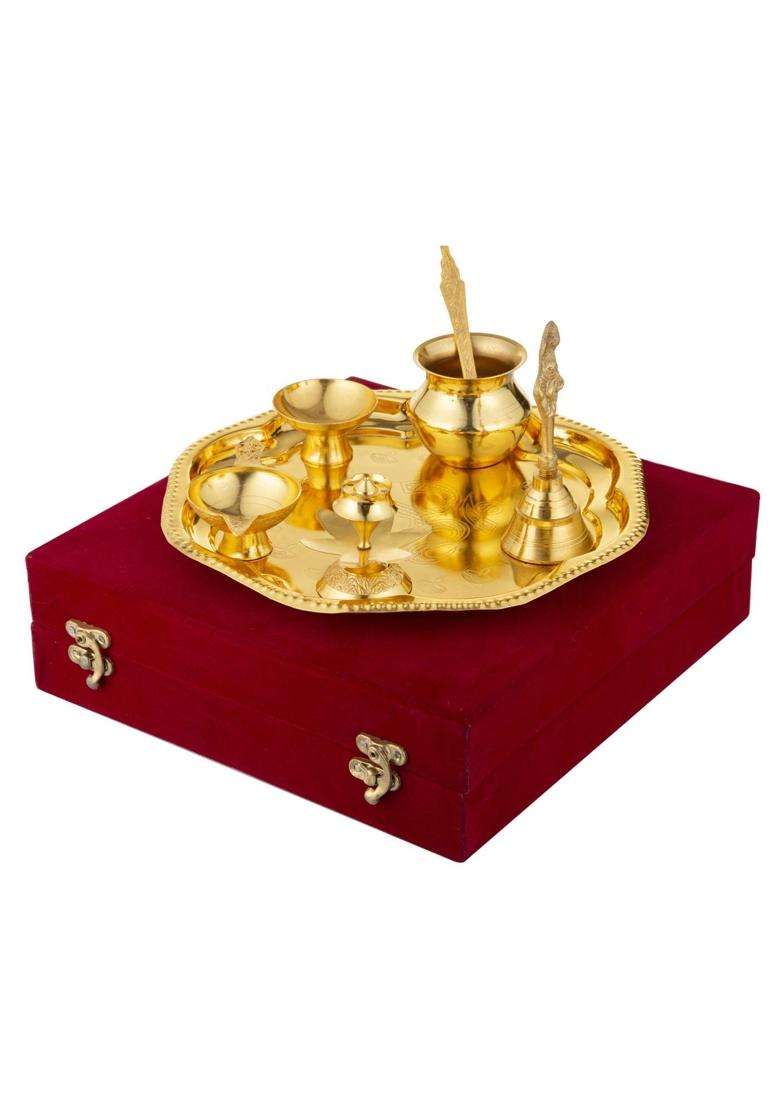 Rkonect Brass Puja Thali Set with Vetvet Box Aarti Thali for Pooja Pack of 1 - Indya