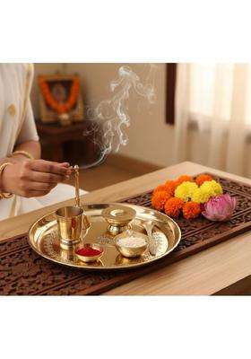 Rtware Brass Puja Thali Set for Aarti Pooja Decor Diwali Gifts Gold 10 Inch Pcs Set of 7