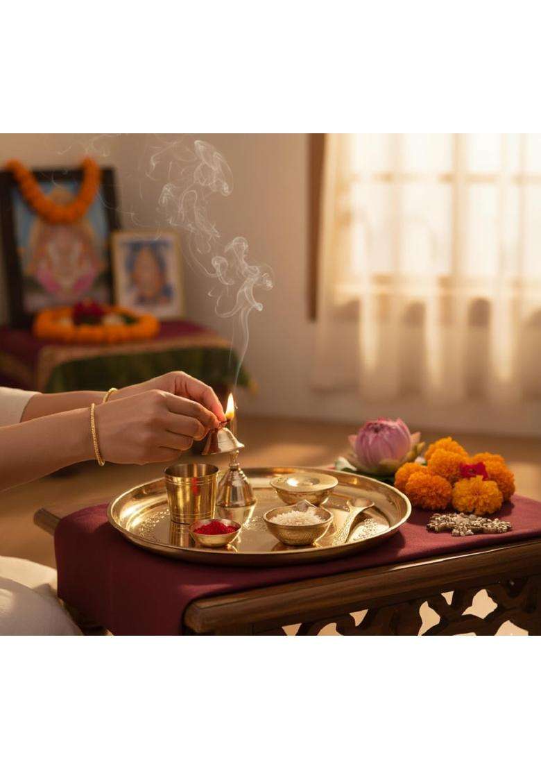 Rtware Brass Puja Thali Set for Aarti Pooja Decor Diwali Gifts Gold 10 Inch Pcs Set of 7 - Indya