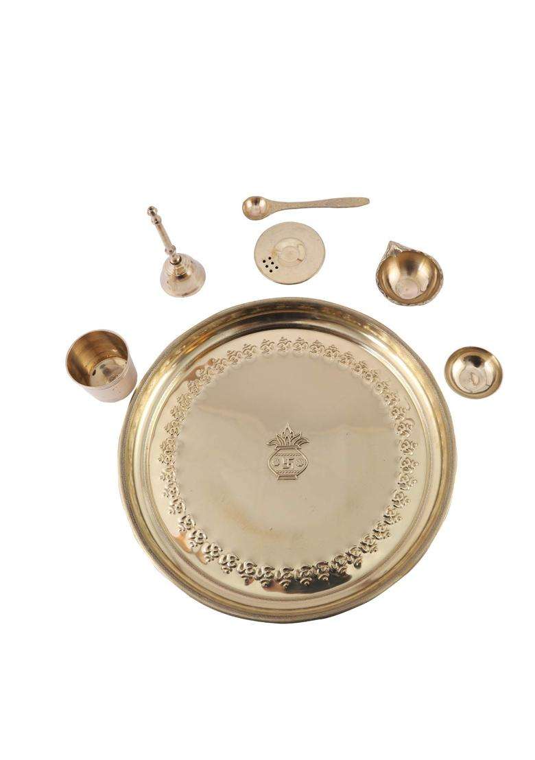 Rtware Brass Puja Thali Set for Aarti Pooja Decor Diwali Gifts Gold 10 Inch Pcs Set of 7 - Indya