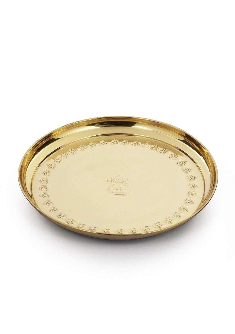 Rtware Brass Puja Thali Set for Aarti Pooja Decor Diwali Gifts Gold 10 Inch Pcs Set of 7 - Indya
