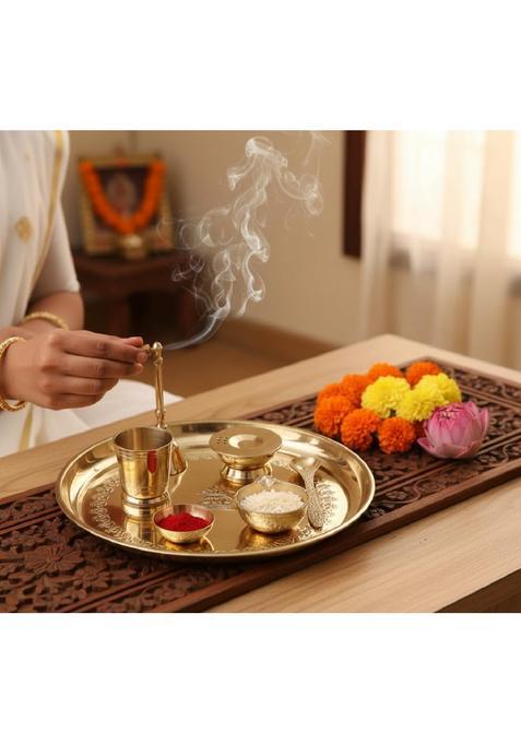 Rtware Brass Puja Thali Set for Aarti Pooja Decor Diwali Gifts Gold 10 Inch Pcs Set of 7