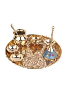 Crafty Essentials Golden Brass Pooja Thali Pieces Traditional Pital Pooja Articles for Rituals Set of 8