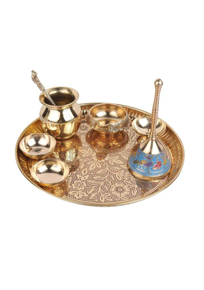 Crafty Essentials Golden Brass Pooja Thali Pieces Traditional Pital Pooja Articles for Rituals Set of 8 - Indya