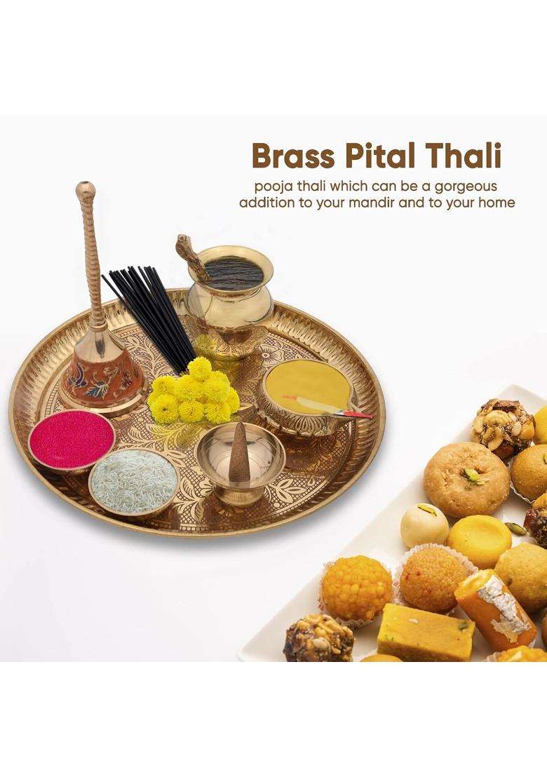 Crafty Essentials Golden Brass Pooja Thali Pieces Traditional Pital Pooja Articles for Rituals Set of 8 - Indya