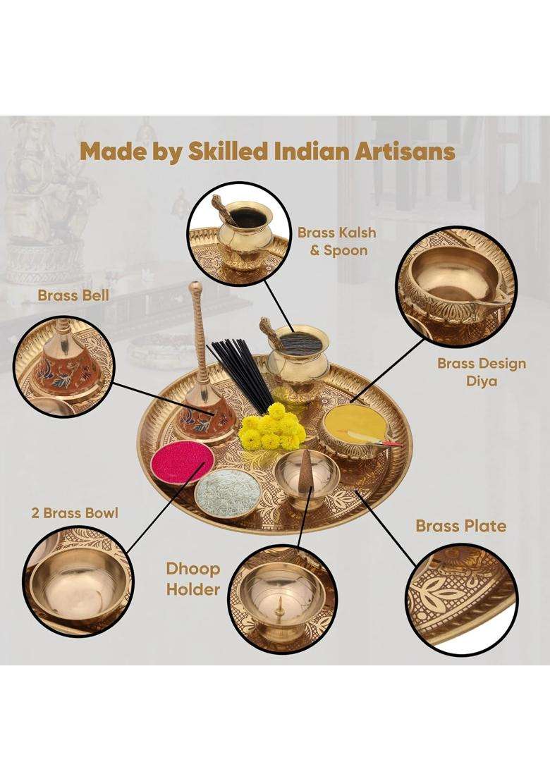 Crafty Essentials Golden Brass Pooja Thali Pieces Traditional Pital Pooja Articles for Rituals Set of 8 - Indya