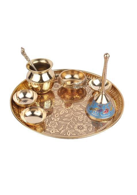Crafty Essentials Golden Brass Pooja Thali Pieces Traditional Pital Pooja Articles for Rituals Set of 8