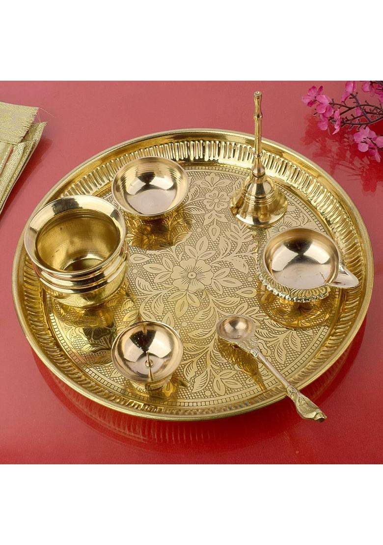 Satvik Gold 9 Inch Brass Puja Thali Handcrafted Design for Divine Blessings Set of 7 - Indya