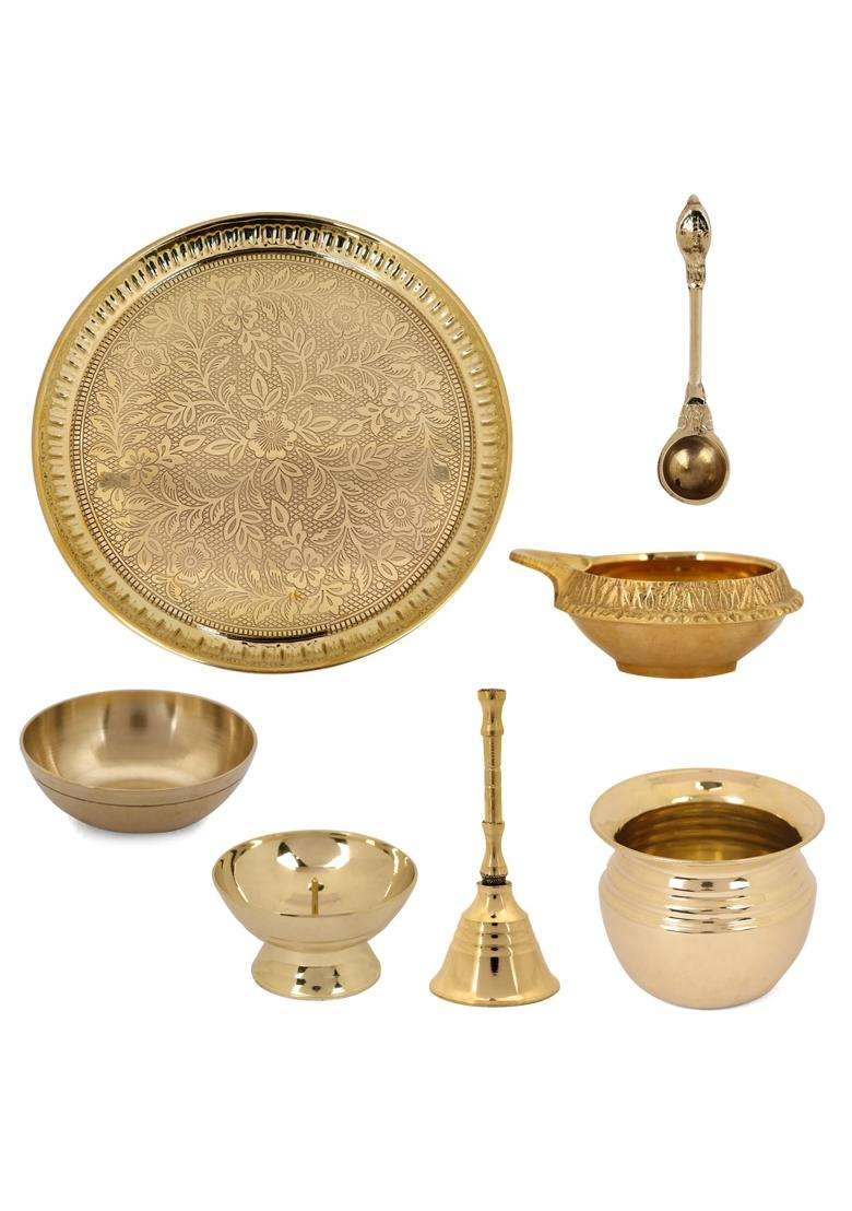 Satvik Gold 9 Inch Brass Puja Thali Handcrafted Design for Divine Blessings Set of 7 - Indya