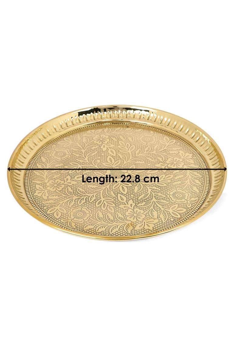 Satvik Gold 9 Inch Brass Puja Thali Handcrafted Design for Divine Blessings Set of 7 - Indya