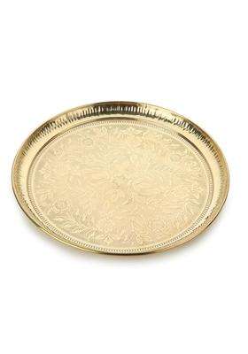 Dokchan Handmade Pure Brass Puja Thali with Flower Embossed Design Gold