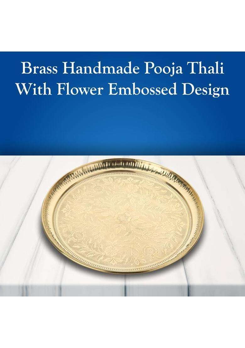 Dokchan Handmade Pure Brass Puja Thali with Flower Embossed Design Gold - Indya