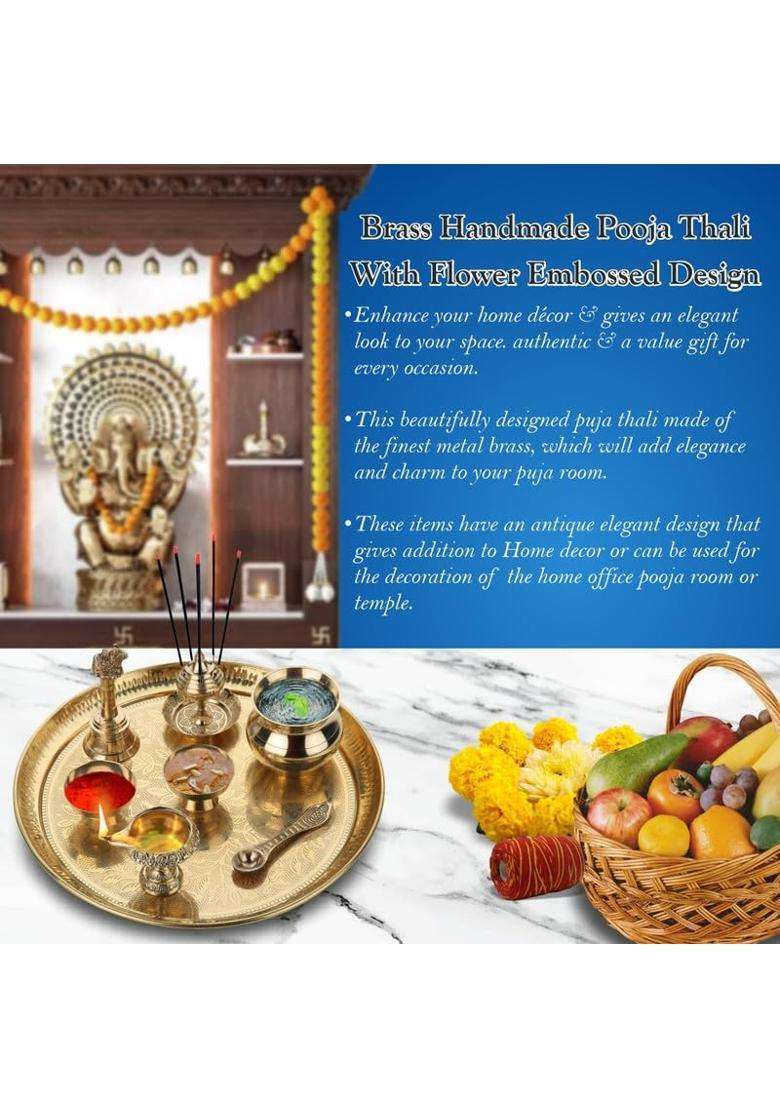 Dokchan Handmade Pure Brass Puja Thali with Flower Embossed Design Gold - Indya