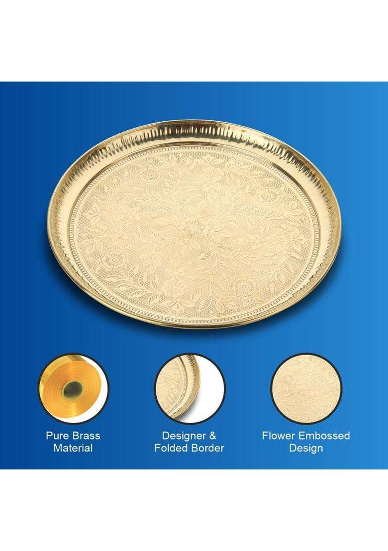Dokchan Handmade Pure Brass Puja Thali with Flower Embossed Design Gold - Indya