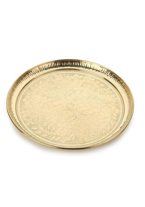 Dokchan Handmade Pure Brass Puja Thali with Flower Embossed Design Gold