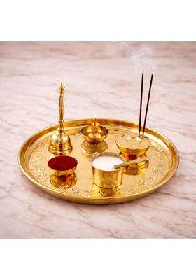 Mkd2 Rise Gold Brass Pooja Thali Set 10 Inch with Ghanti Diya Roli Kumkum Katori