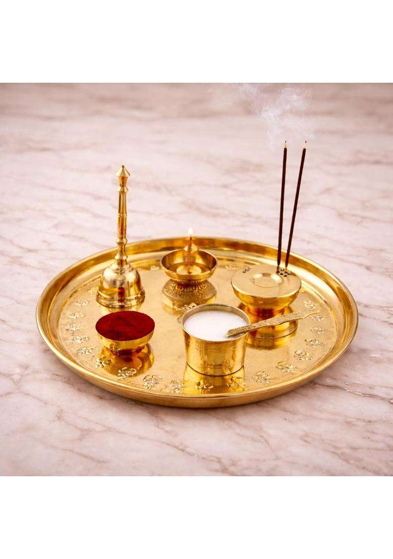 Mkd2 Rise Gold Brass Pooja Thali Set 10 Inch with Ghanti Diya Roli Kumkum Katori - Indya