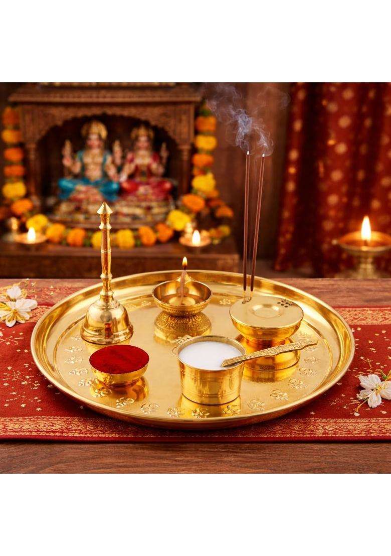 Mkd2 Rise Gold Brass Pooja Thali Set 10 Inch with Ghanti Diya Roli Kumkum Katori - Indya