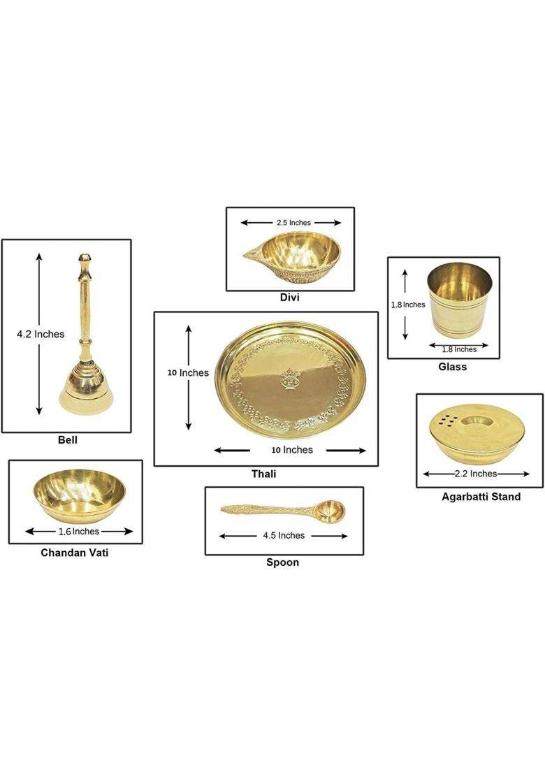 Mkd2 Rise Gold Brass Pooja Thali Set 10 Inch with Ghanti Diya Roli Kumkum Katori - Indya