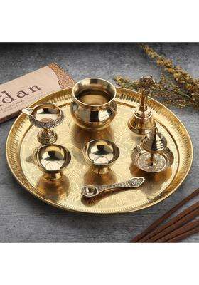 Dokchan Gold Traditional Handcrafted Brass Puja 10 Inch Thali Aarti Bartan Plate Piece for Mandir Set of 8