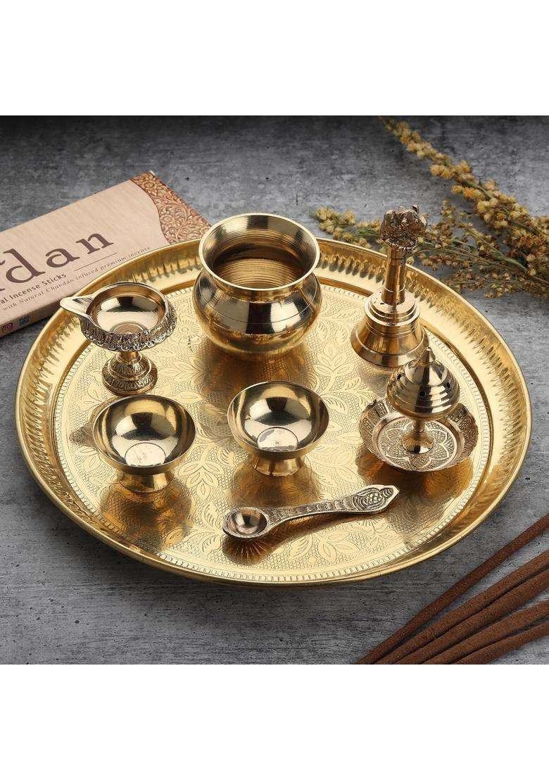 Dokchan Gold Traditional Handcrafted Brass Puja 10 Inch Thali Aarti Bartan Plate Piece for Mandir Set of 8 - Indya