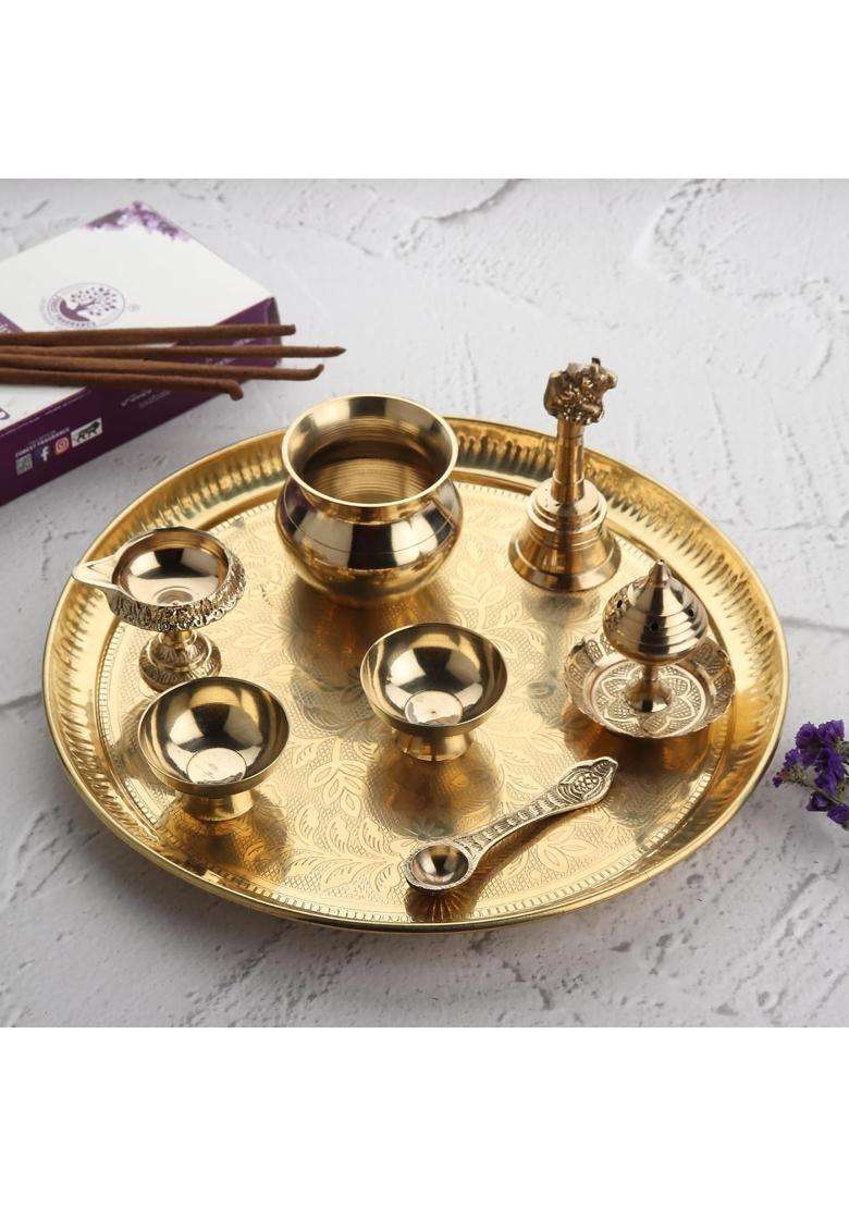 Dokchan Gold Traditional Handcrafted Brass Puja 10 Inch Thali Aarti Bartan Plate Piece for Mandir Set of 8 - Indya