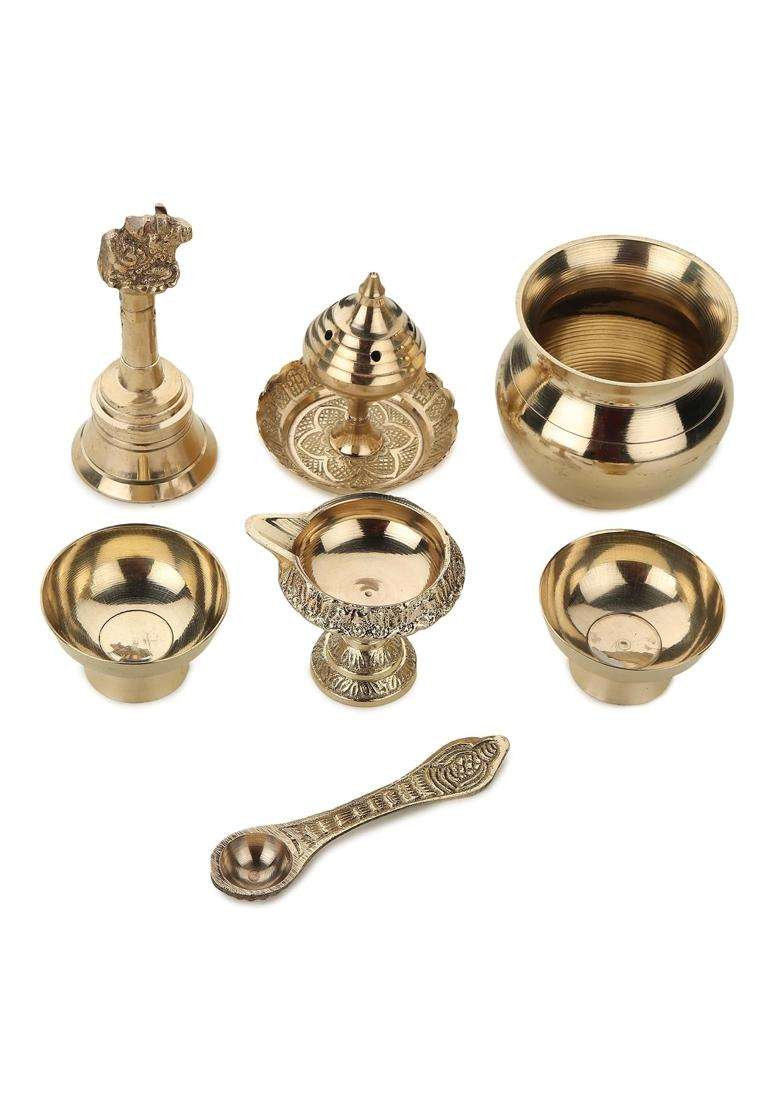Dokchan Gold Traditional Handcrafted Brass Puja 10 Inch Thali Aarti Bartan Plate Piece for Mandir Set of 8 - Indya