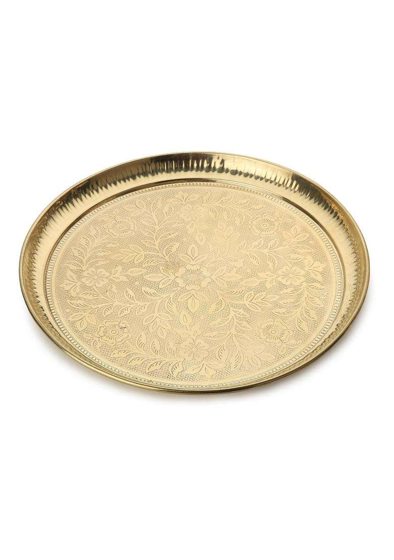 Dokchan Gold Traditional Handcrafted Brass Puja 10 Inch Thali Aarti Bartan Plate Piece for Mandir Set of 8 - Indya