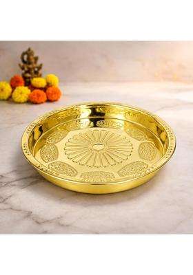 Putrika Gold Brass Pooja Thali for Mandir Traditional Pital Puja Plate Engraved Aarti Thali for Diya Kumkum